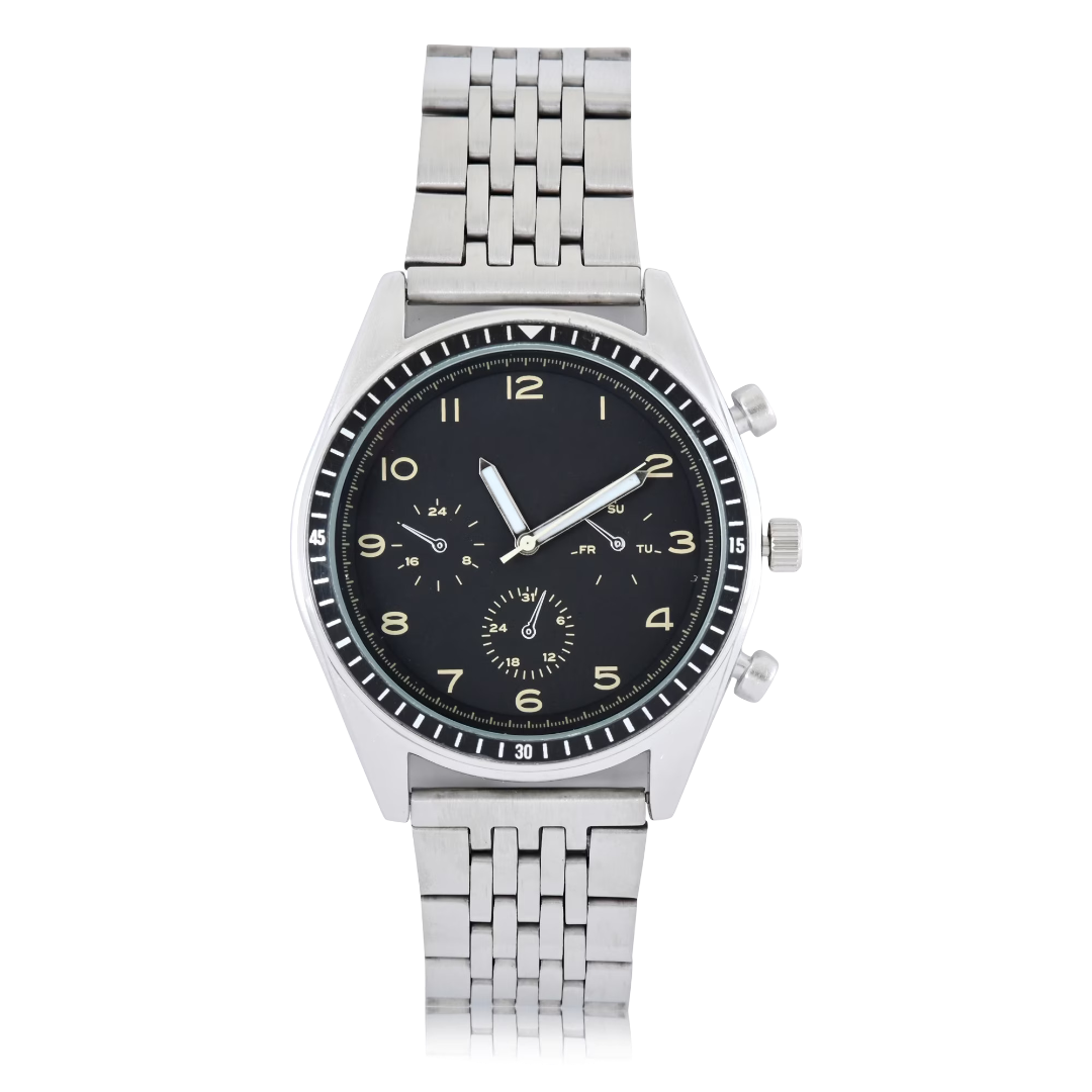 Men’s Silver Metal Bracelet Watch with Black Easy-Read Chronograph Dial
