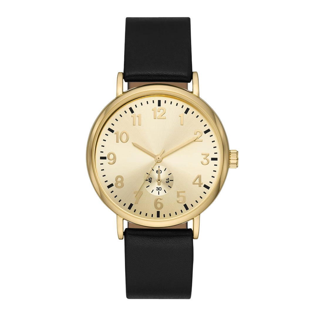 Men’s Gold-Tone Watch with Champagne Dial and Black Vegan Leather Band